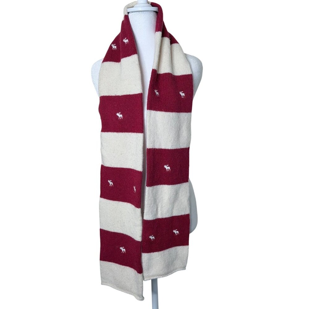 Vtg Abercrombie Scarf Moose Logo Wool Blend Red Striped Knit‎ Winter